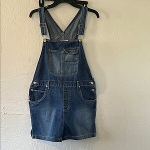 Xhilaration Denim Short Overalls in Light Blue with Pink Label
